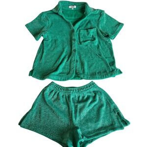 Frankies Bikinis Sz S Sparkle Terry‎ Set Green Glitter Shirt Shorts Loungewear